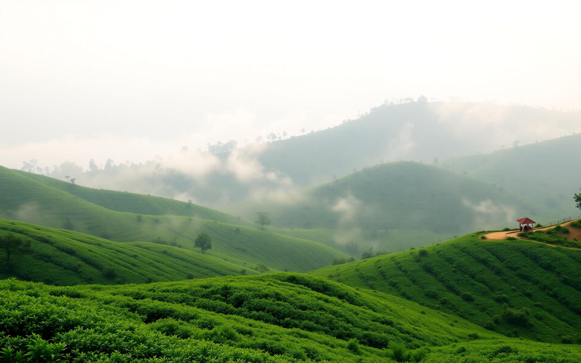 Misty tea plantations in Munnar at golden hour